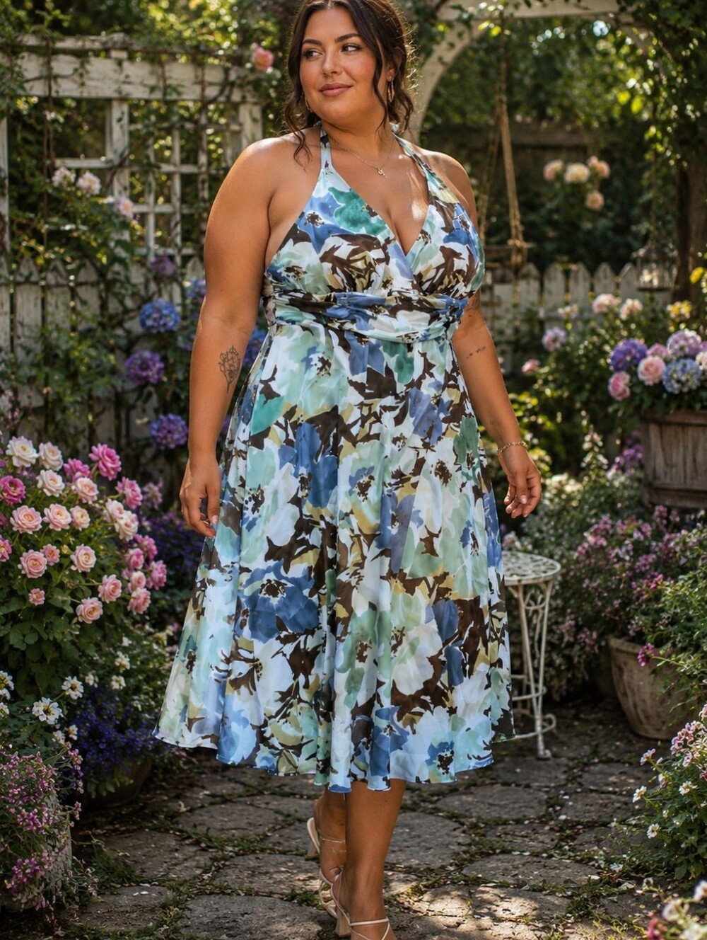 Y2K Vintage Dressbarn Satin Floral Midi Halter Sundress 22W Retro Earth Tones
